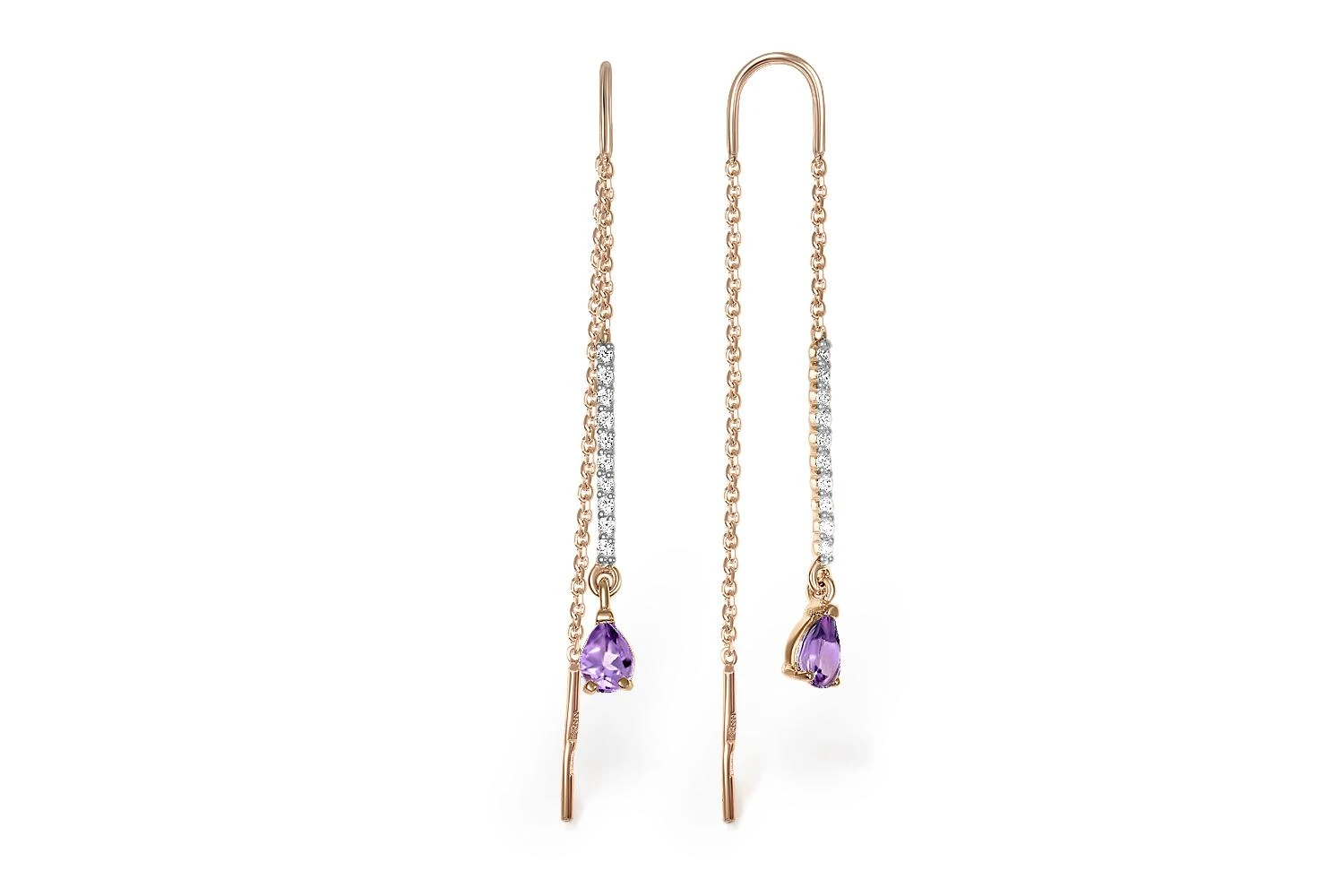 Серьги-продёвки Дорожки из красного золота с 2 аметистами и 20 фианитами