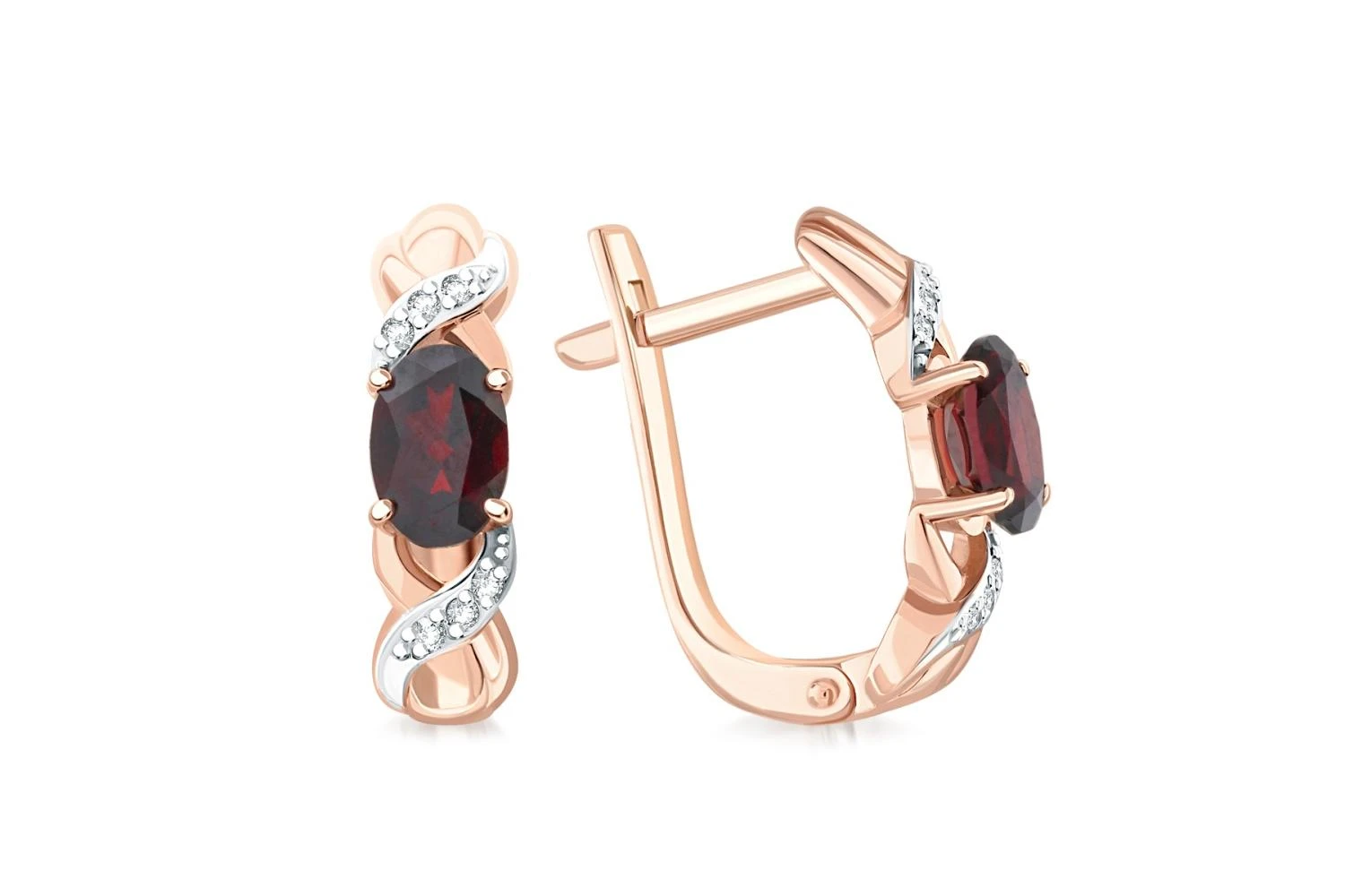 Серьги из красного золота с 2 гранатами и 12 бриллиантами