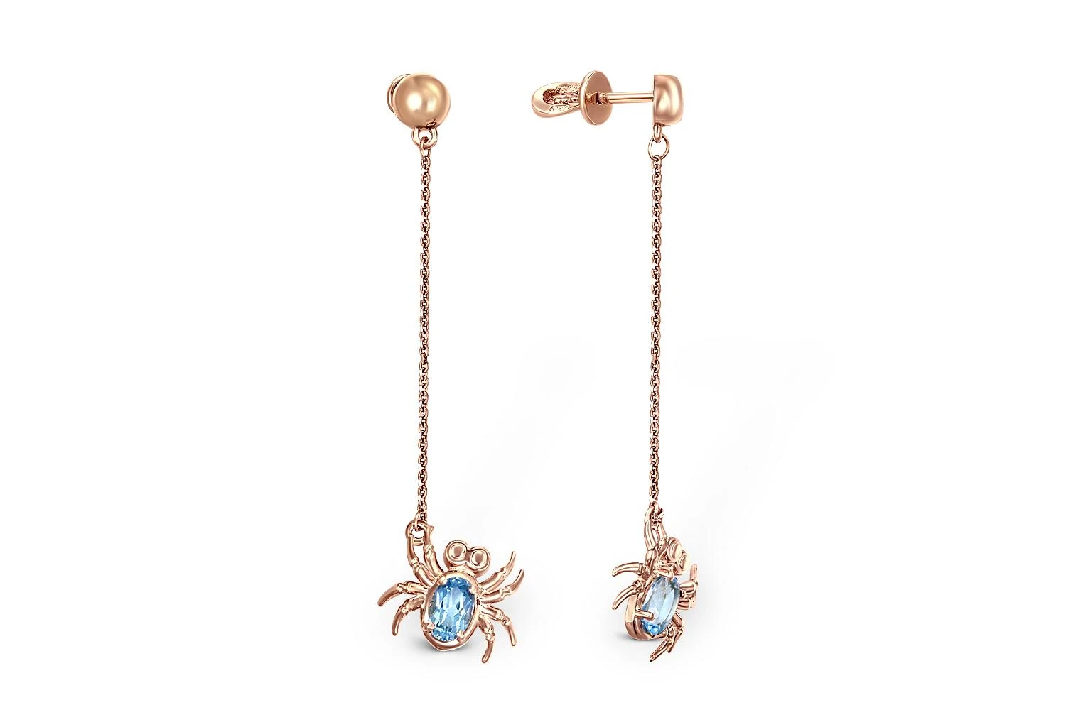 Серьги-пусеты Пауки из красного золота с 2 топазами swiss