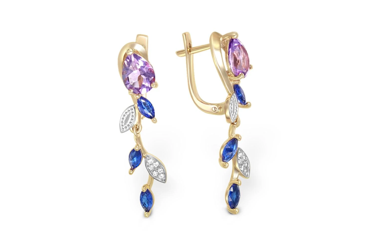 Серьги Веточки из жёлтого золота с 2 аметистами и 18 фианитами