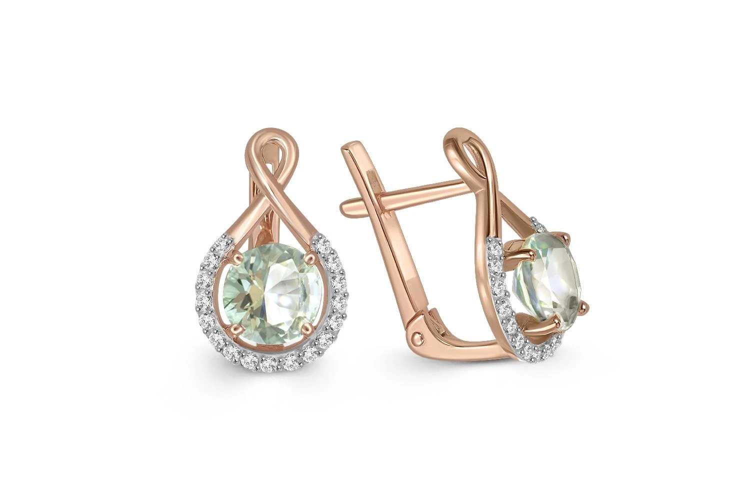 Серьги из красного золота с 2 аметистами и 34 фианитами