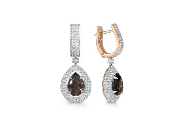 Серьги из красного золота с 2 раухтопазами и 278 фианитами