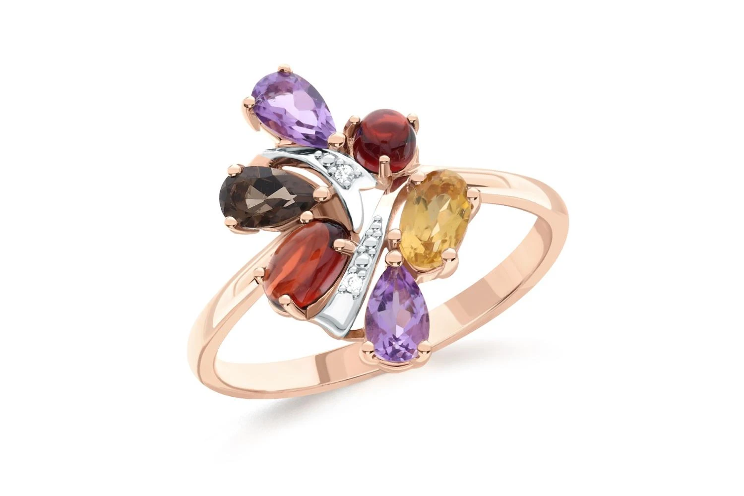 Кольцо из красного золота с аметистами, гранатами и раухтопазом
