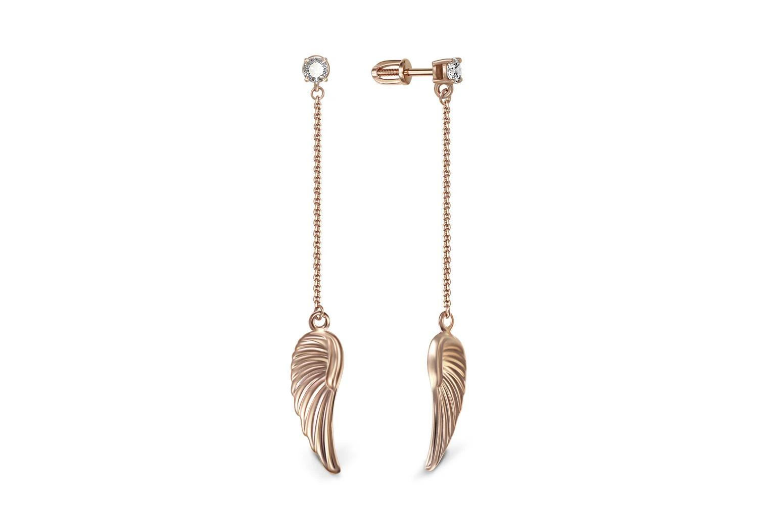 Серьги-пусеты Крылья из красного золота с 2 фианитами