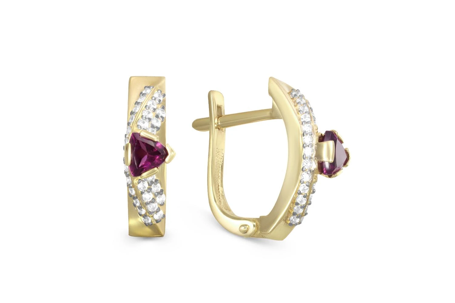 Серьги из жёлтого золота с 2 гранатами и 54 фианитами