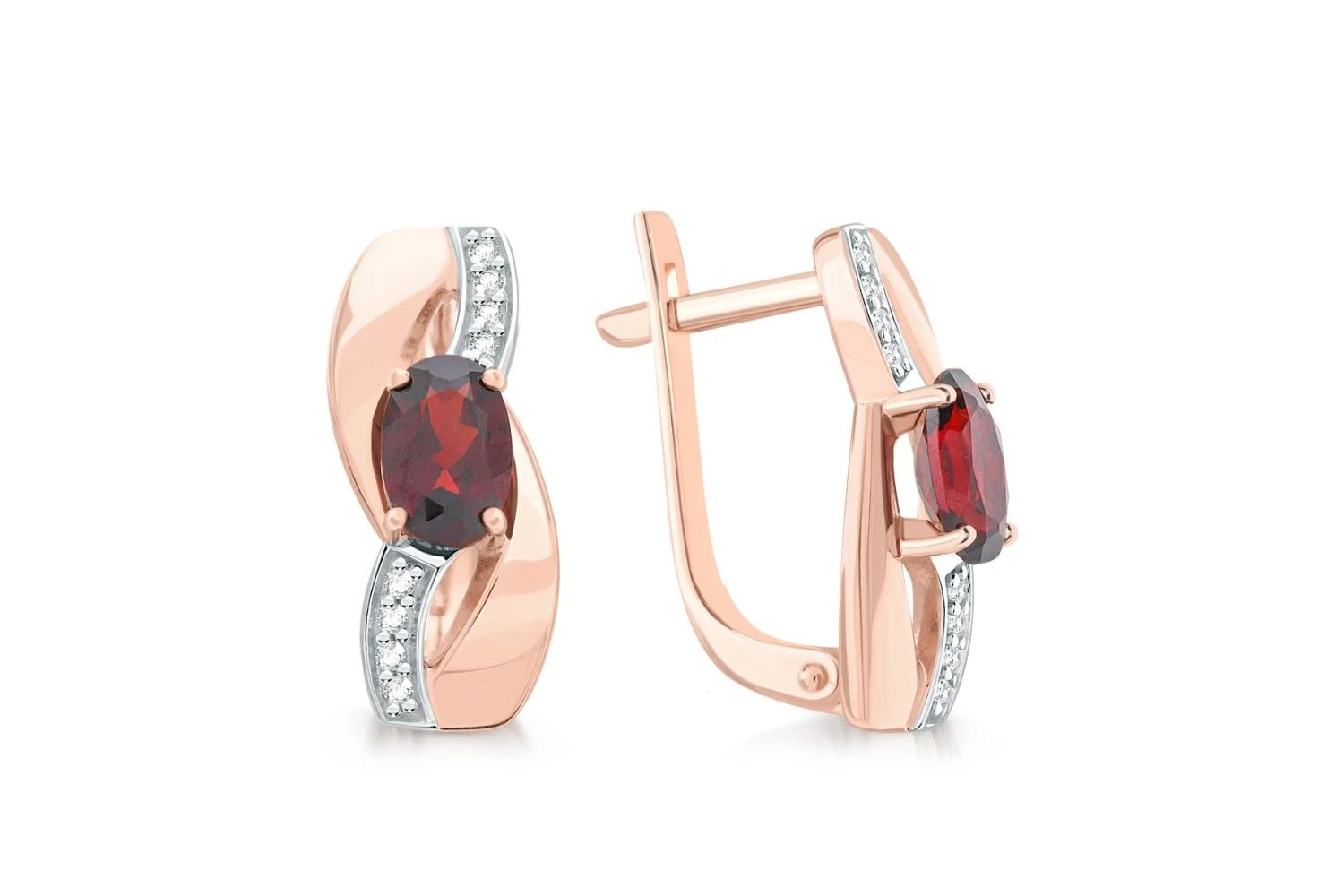 Серьги из красного золота с 2 гранатами и 16 фианитами