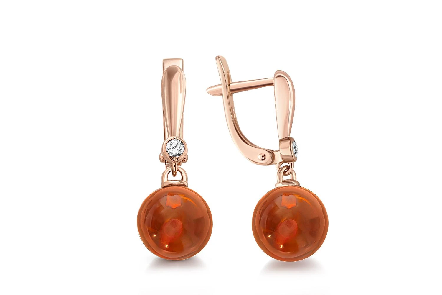 Серьги из красного золота с янтарём и 2 фианитами