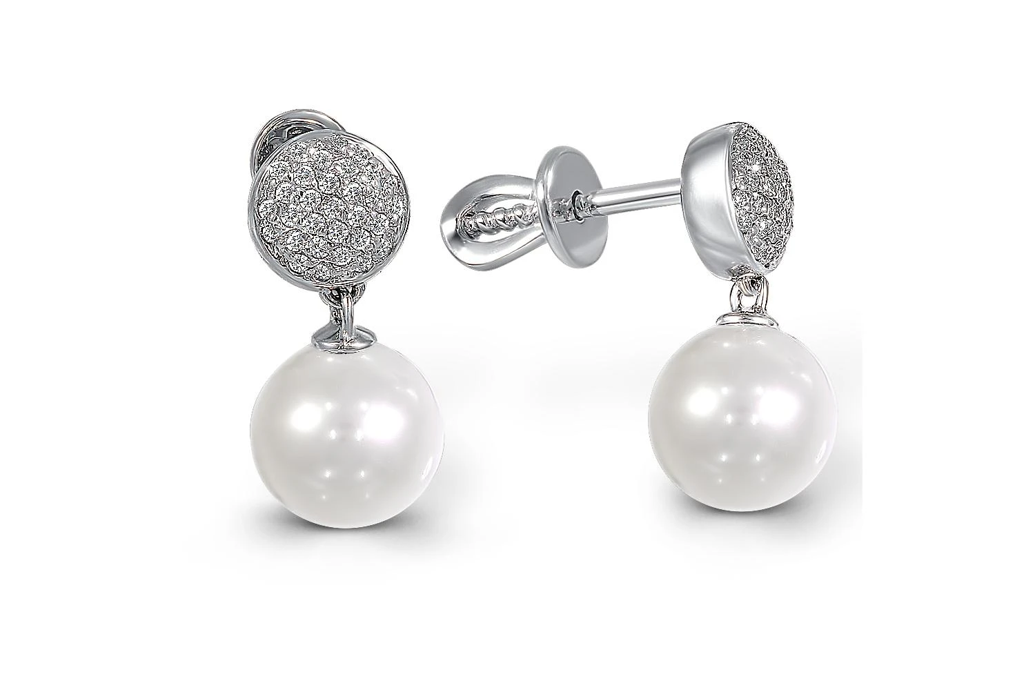 Серьги-пусеты из белого золота с 2 жемчужинами и 62 фианитами