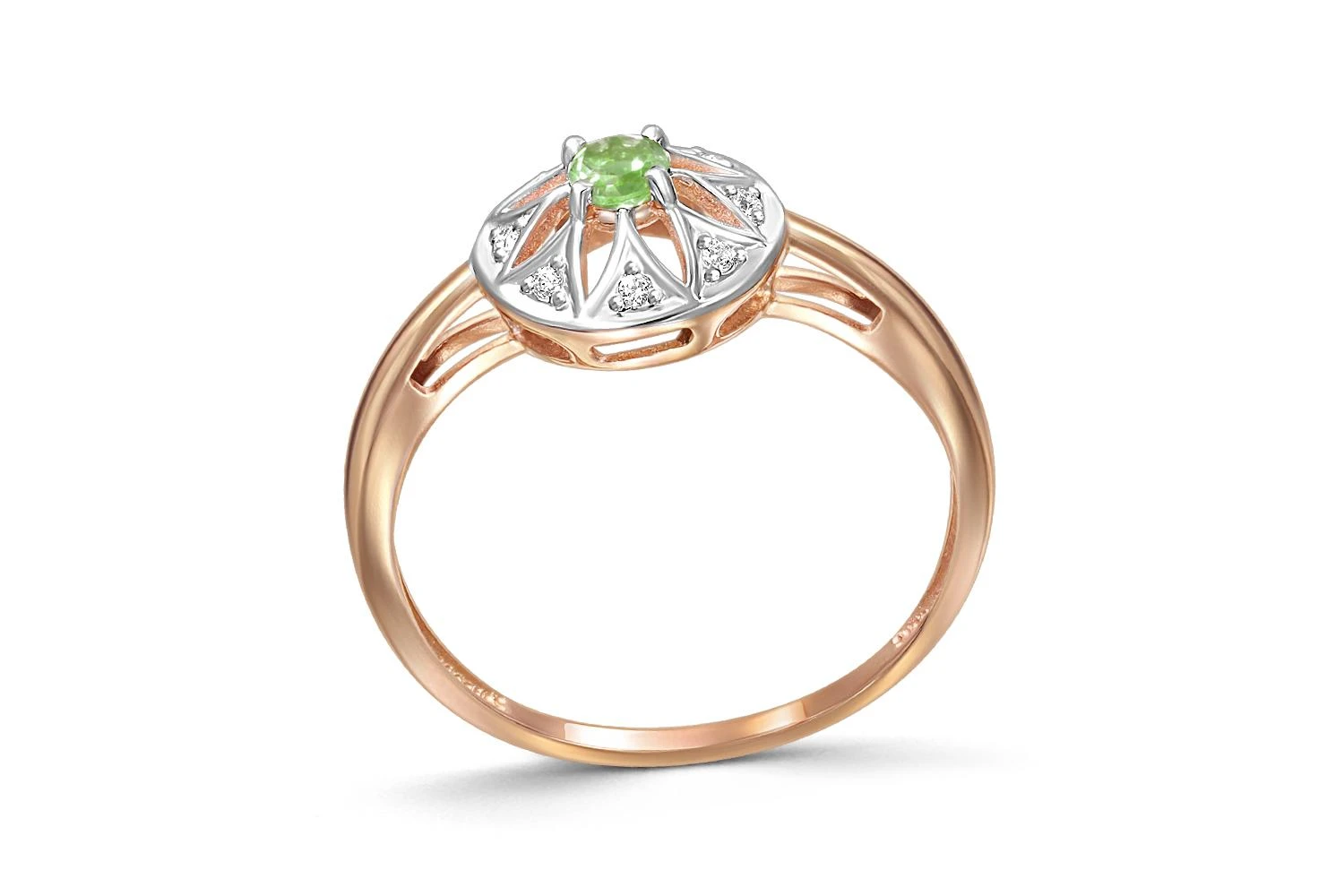 Кольцо Цветок из красного золота с хризолитом и 8 фианитами