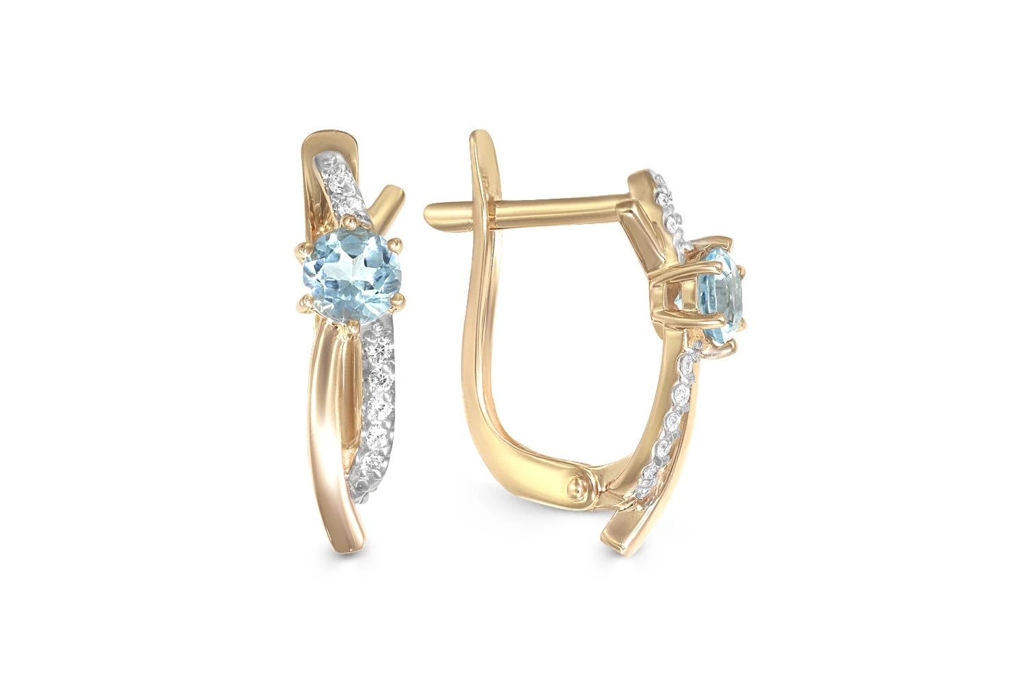 Серьги из жёлтого золота с 2 топазами sky и 14 фианитами