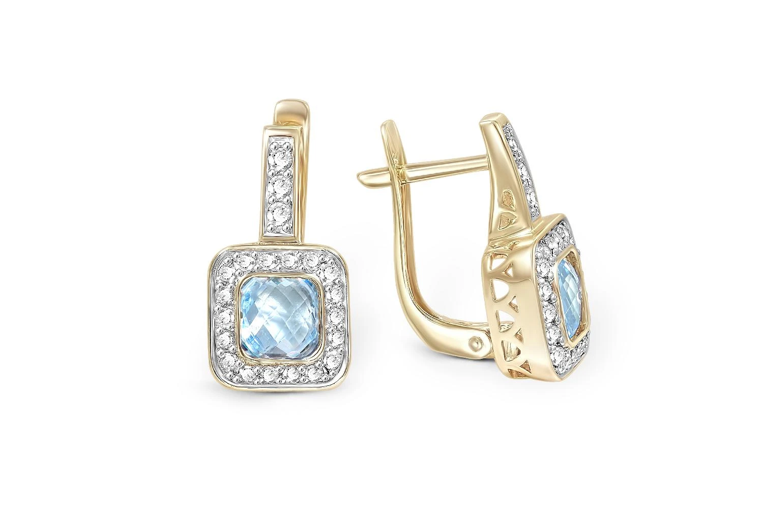 Серьги из жёлтого золота с 2 топазами sky и 42 фианитами