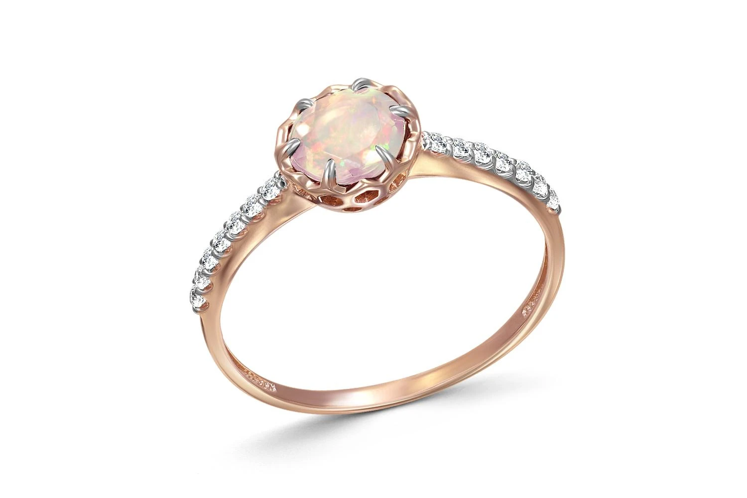 Кольцо из красного золота с опалом и 14 фианитами