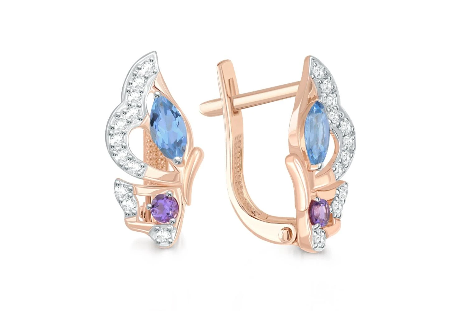 Серьги Бабочки из красного золота с топазами swiss, фианитами и аметистами
