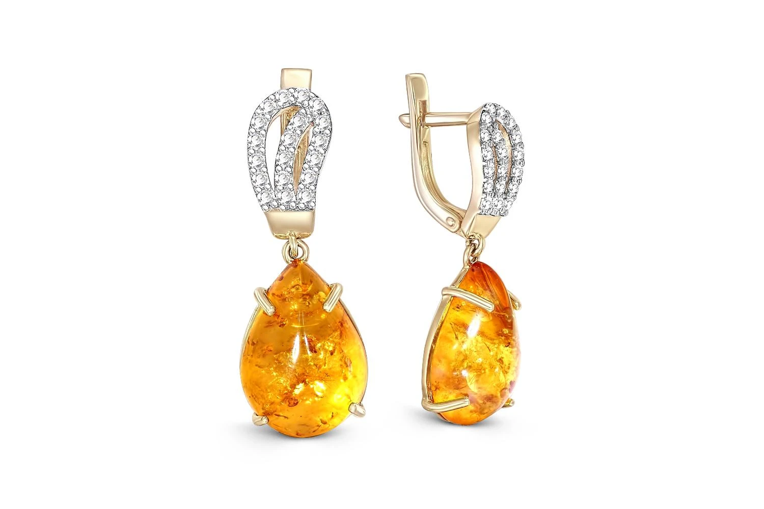 Серьги из жёлтого золота с янтарём и 38 фианитами