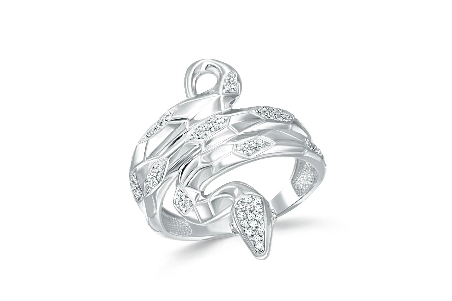 Кольцо Змея из белого золота с 64 фианитами