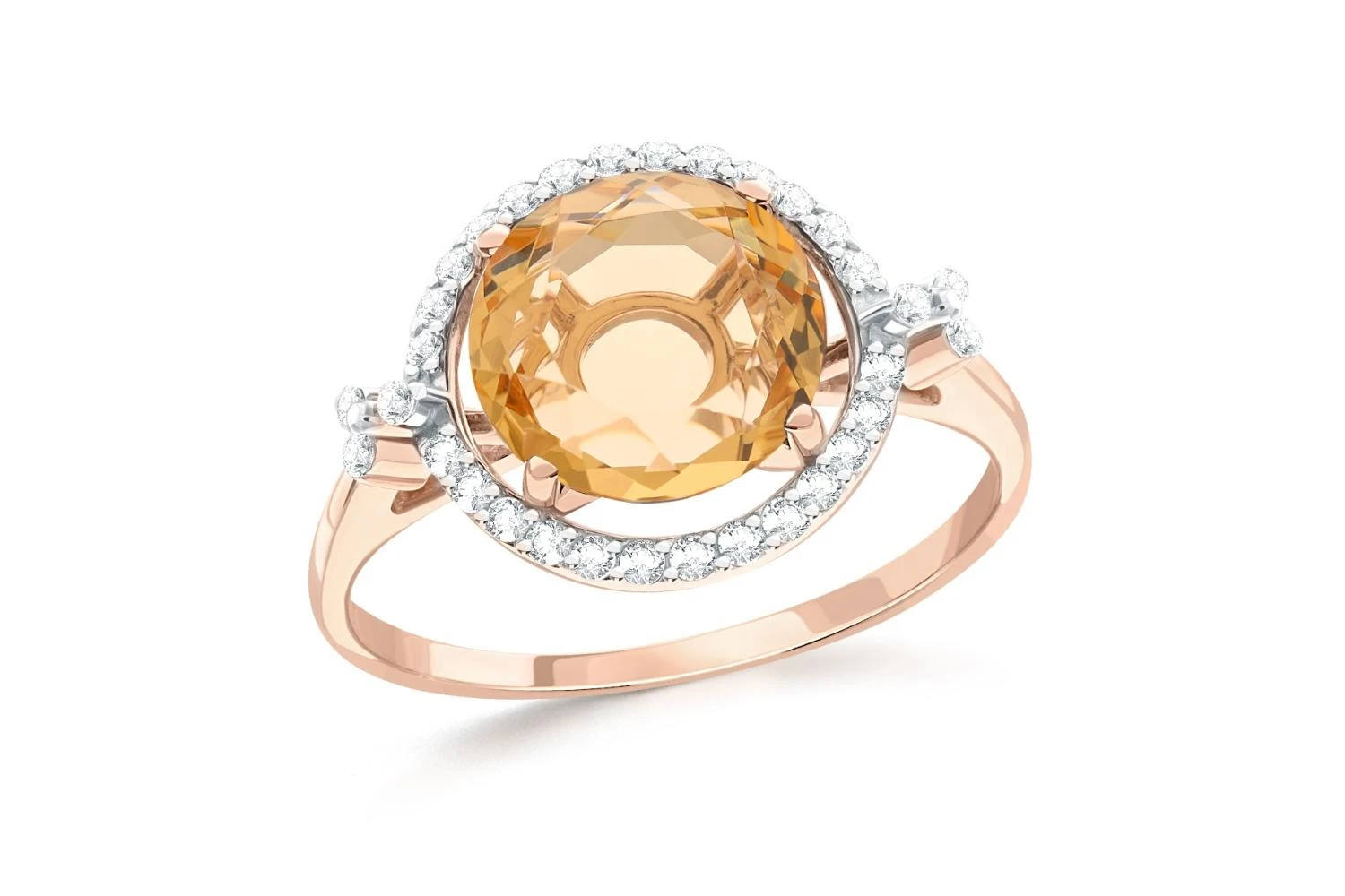 Кольцо из красного золота с кварцем и 32 фианитами