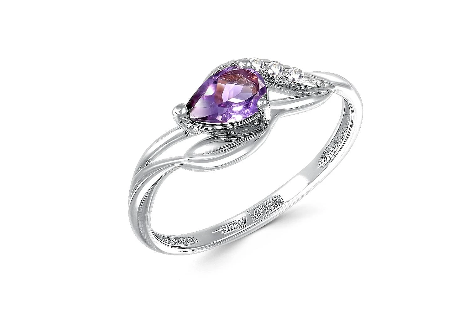Кольцо из белого золота с аметистом и 3 фианитами