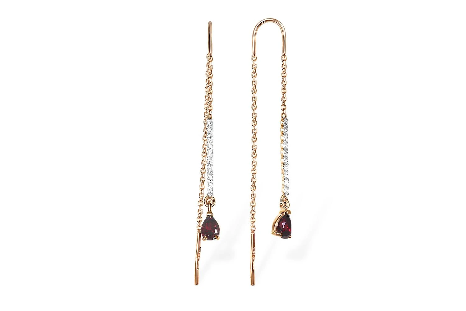 Серьги-продёвки Дорожки из красного золота с 2 гранатами и 20 фианитами