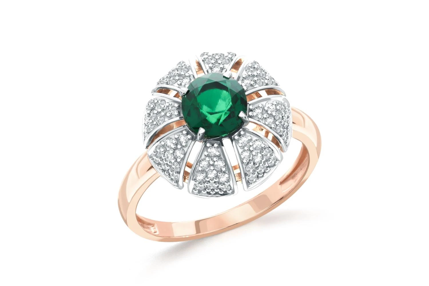 Кольцо Цветок из красного золота с изумрудом и 72 фианитами
