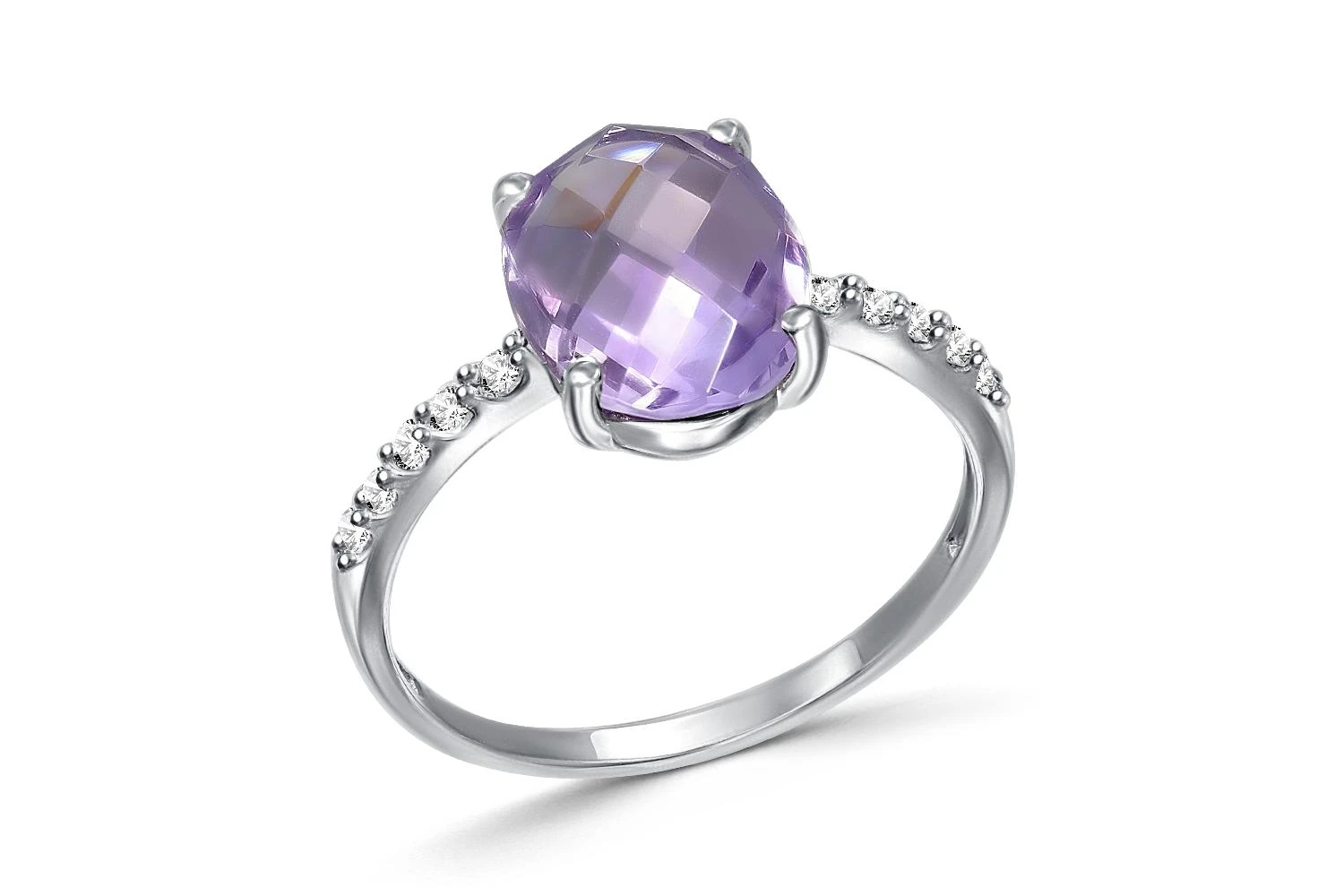 Кольцо из белого золота с аметистом и 10 фианитами