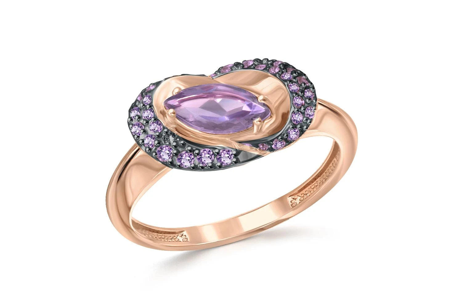 Кольцо из красного золота с аметистом и 34 фианитами