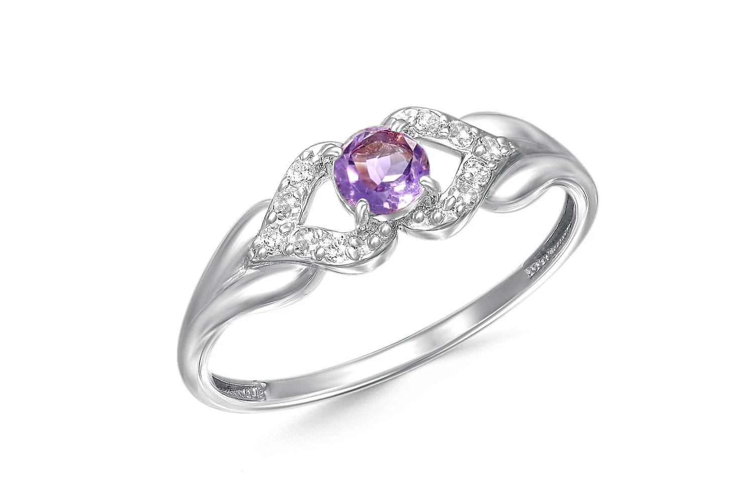 Кольцо из белого золота с аметистом и 10 фианитами