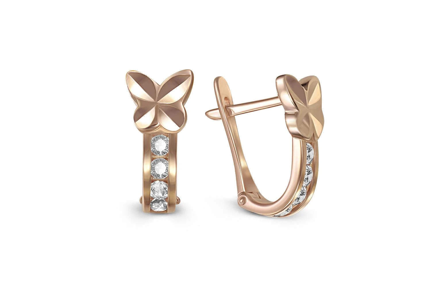 Детские серьги Бабочки из красного золота с 8 фианитами