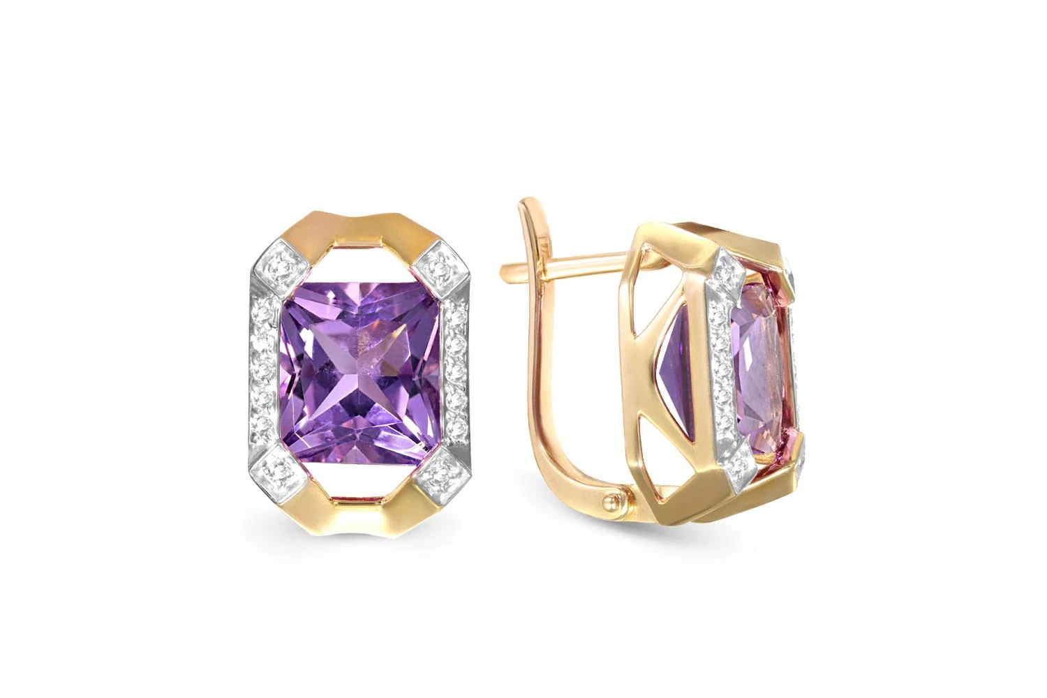 Серьги из жёлтого золота с 2 аметистами и 28 фианитами