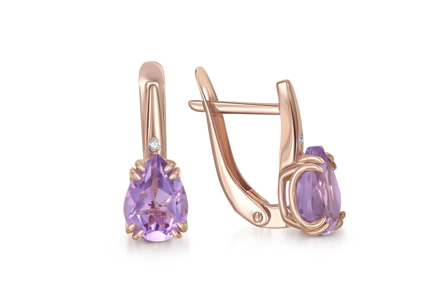 Серьги из красного золота с 2 аметистами и 2 фианитами