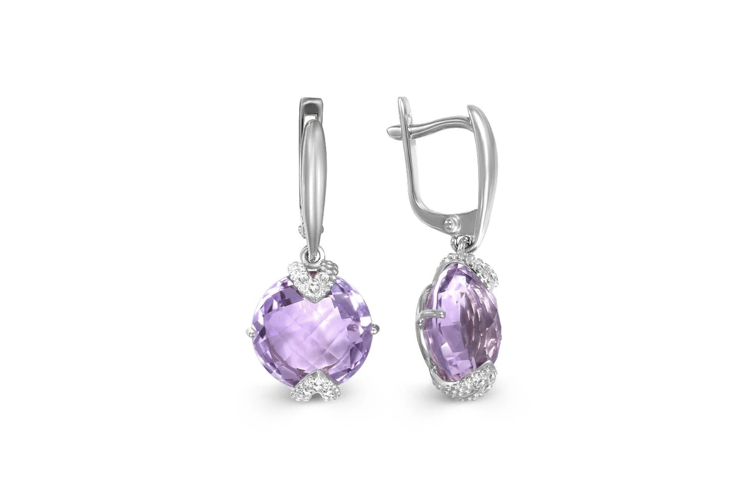 Серьги из белого золота с 2 аметистами и 12 фианитами
