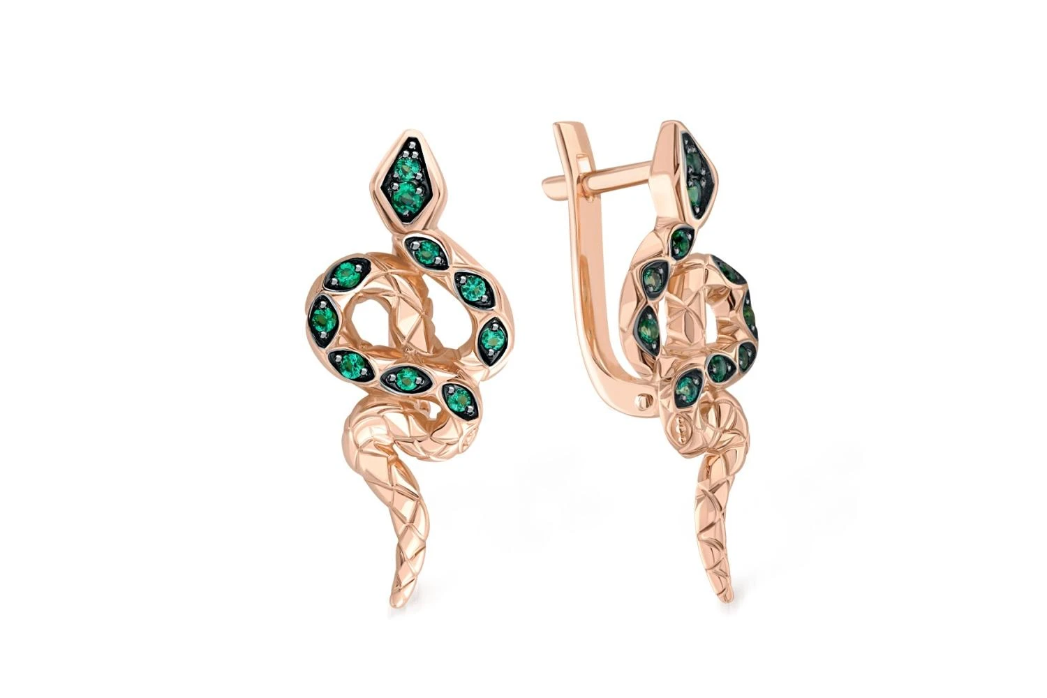 Серьги Змеи из красного золота с 20 изумрудами