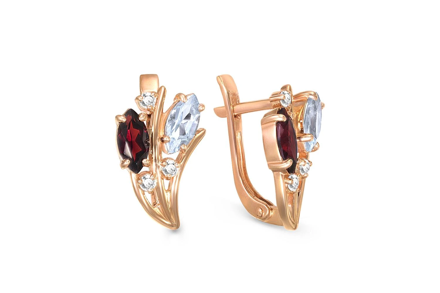 Серьги Цветы из красного золота с 4 гранатами и 6 фианитами