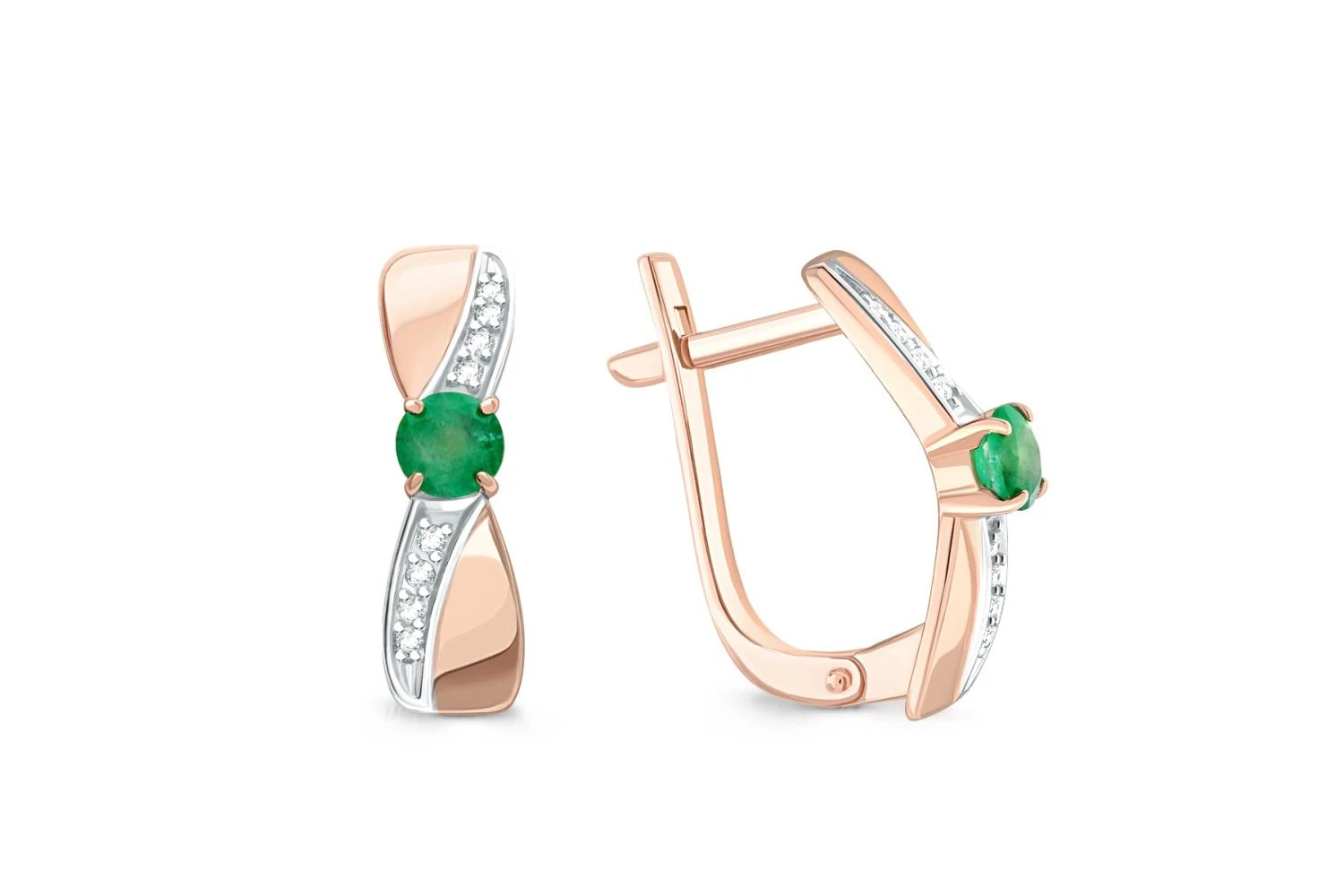 Серьги из красного золота с 2 изумрудами и 16 бриллиантами
