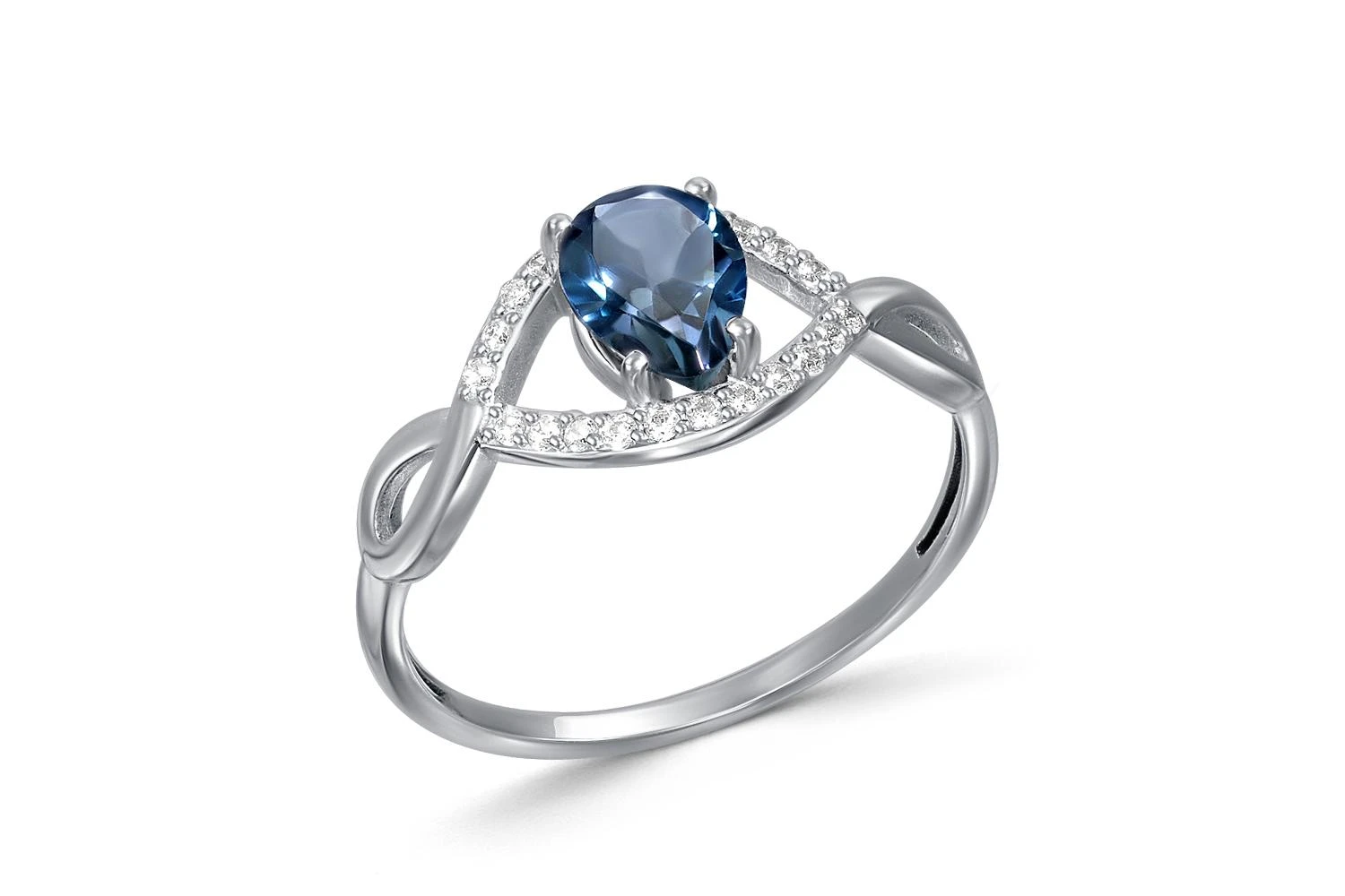 Кольцо из белого золота с топазом лондон и 22 фианитами