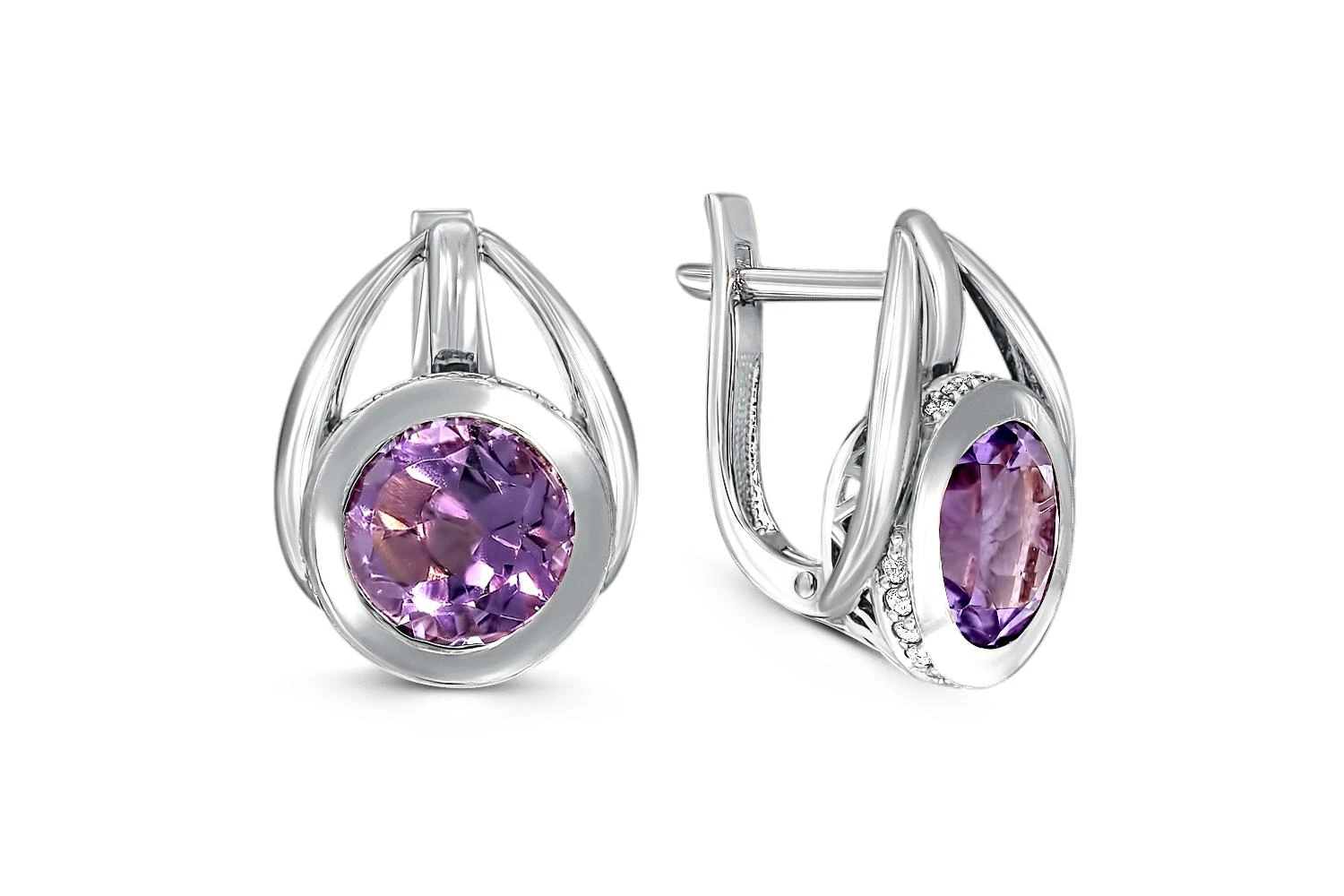 Серьги из белого золота с 2 аметистами и 36 фианитами