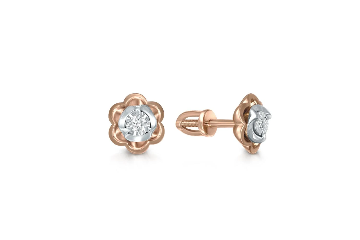 Серьги-пусеты Цветы из красного золота с 2 бриллиантами