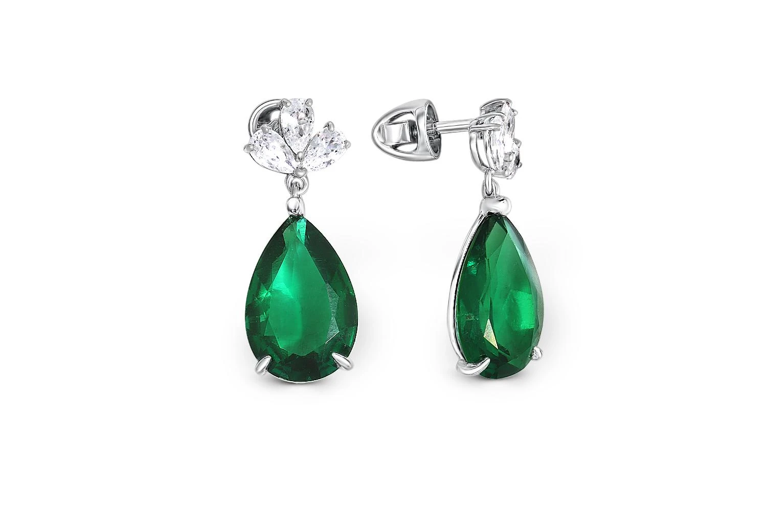Серьги-пусеты из белого золота с 2 изумрудами и 6 фианитами