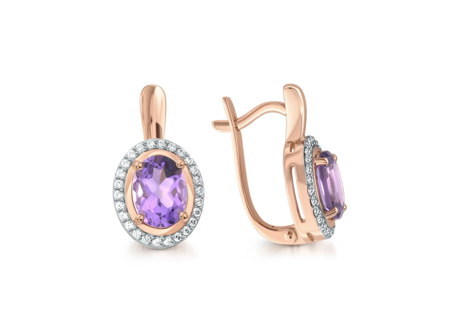 Серьги из красного золота с 2 аметистами и 52 фианитами