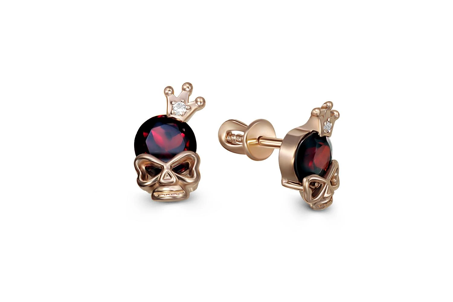 Детские серьги-пусеты Короны из красного золота с 2 гранатами и 2 фианитами