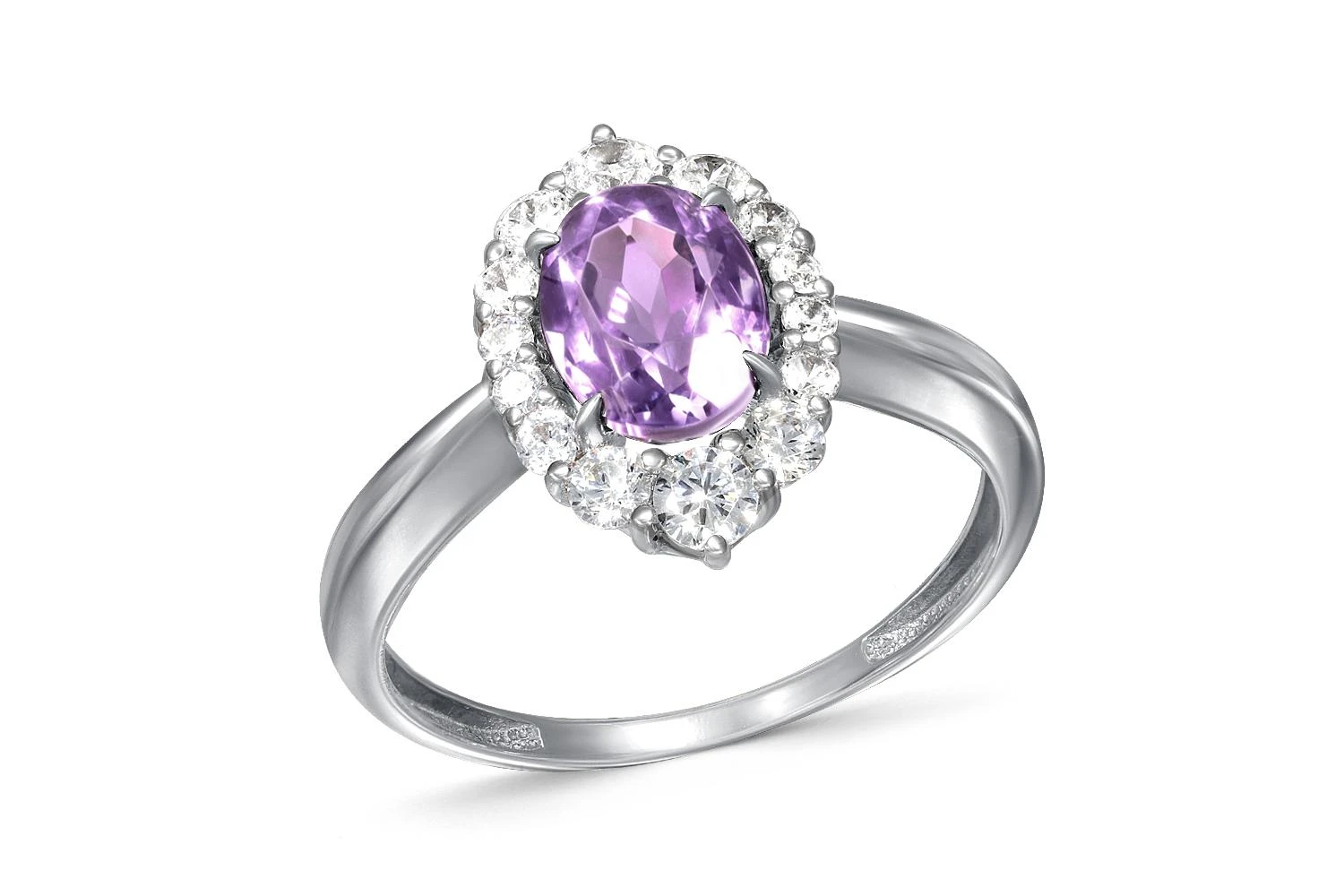 Кольцо из белого золота с аметистом и 14 фианитами