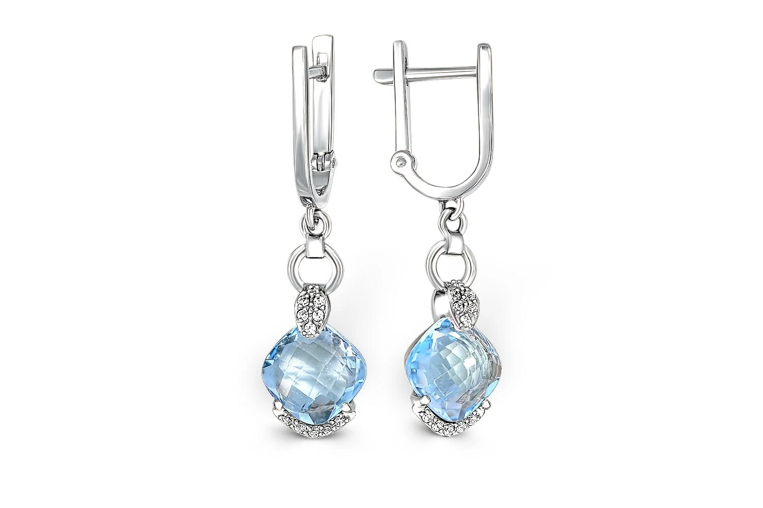 Серьги из белого золота с 2 топазами sky и 24 фианитами