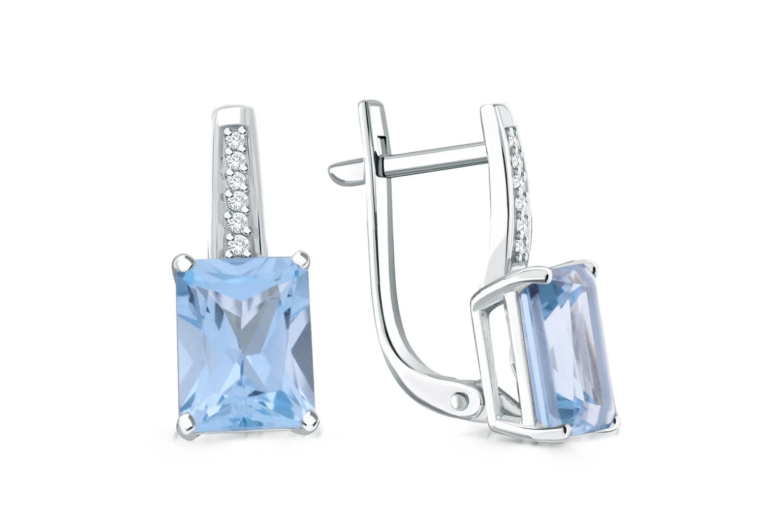 Серьги из белого золота с 2 топазами sky и 12 бриллиантами