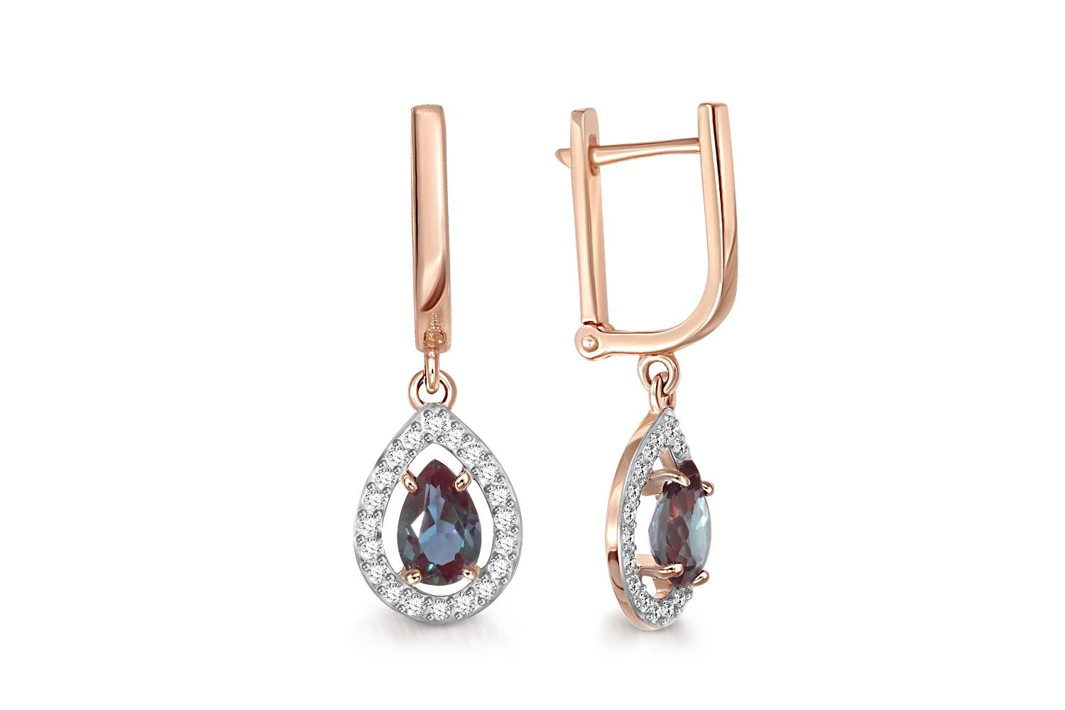 Серьги из красного золота с 2 александритами и 40 фианитами