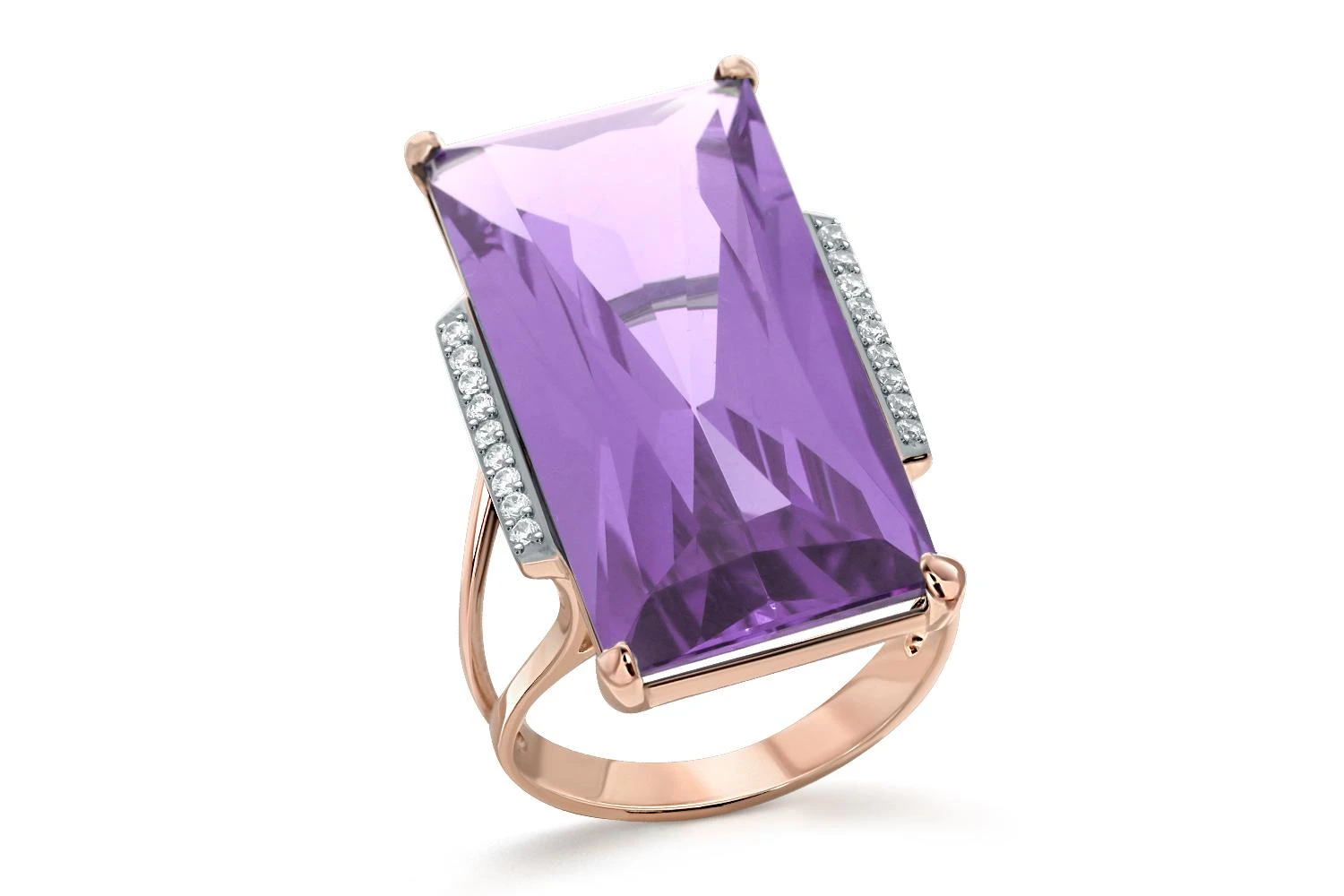 Кольцо из красного золота с аметистом и 18 фианитами