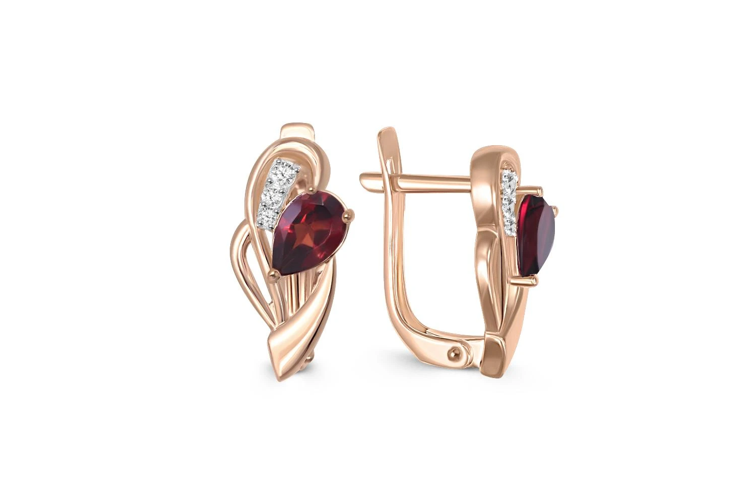 Серьги из красного золота с 2 гранатами и 6 фианитами