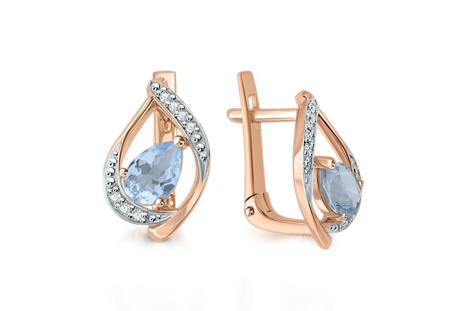 Серьги из красного золота с 2 топазами sky и 14 фианитами