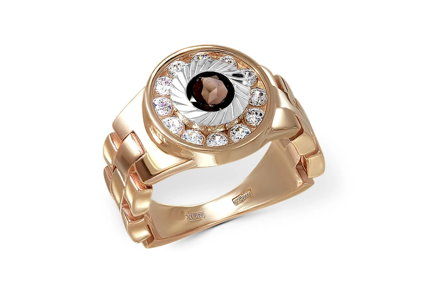 Печатка из красного золота с раухтопазом и 12 фианитами