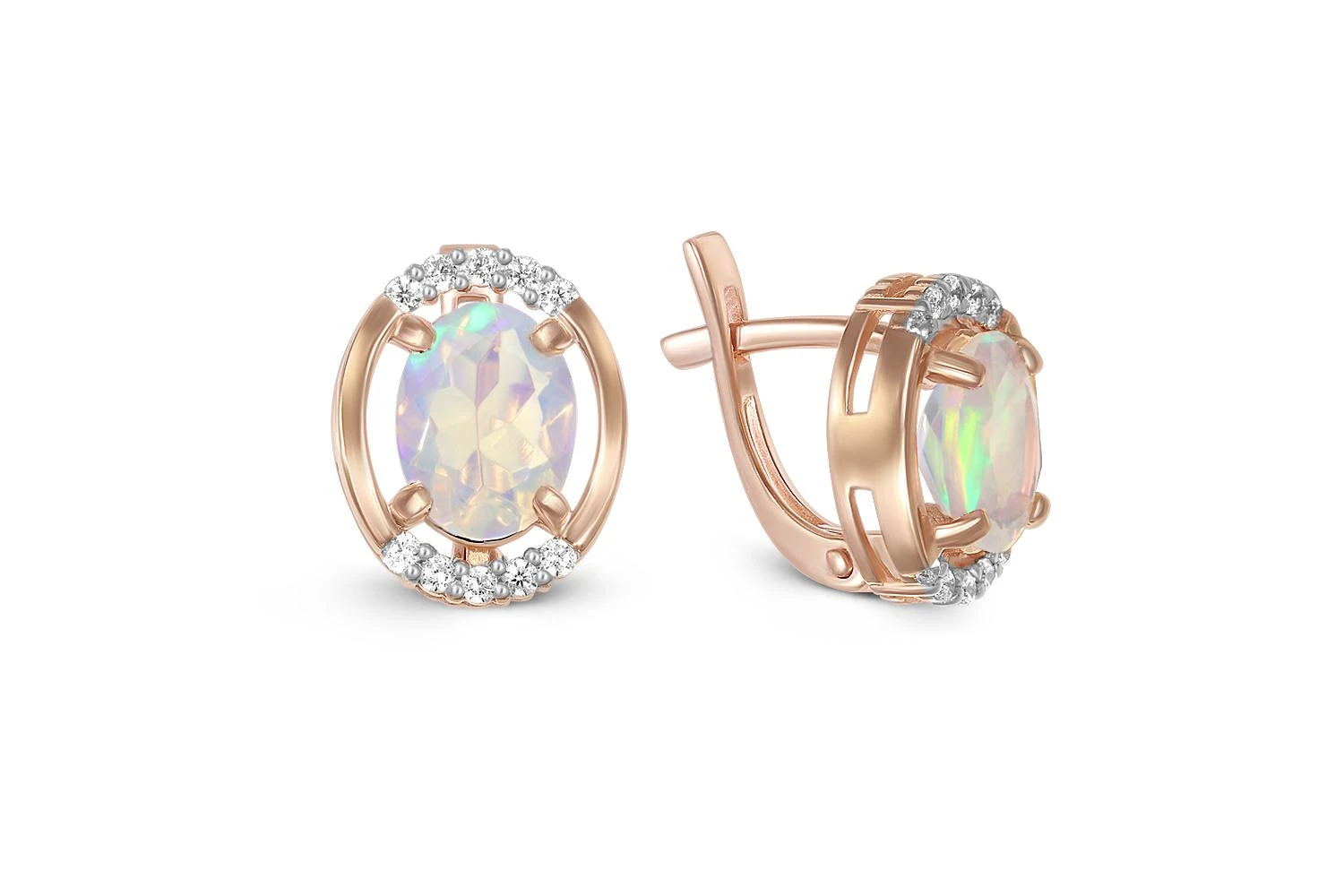 Серьги из красного золота с 2 опалами и 20 фианитами
