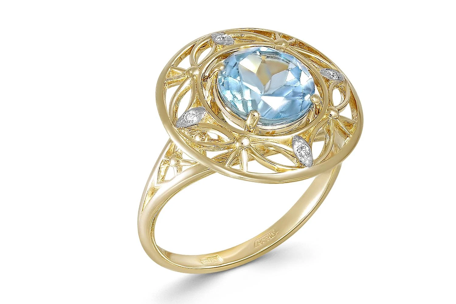 Кольцо Круг из жёлтого золота с топазом sky и 4 фианитами