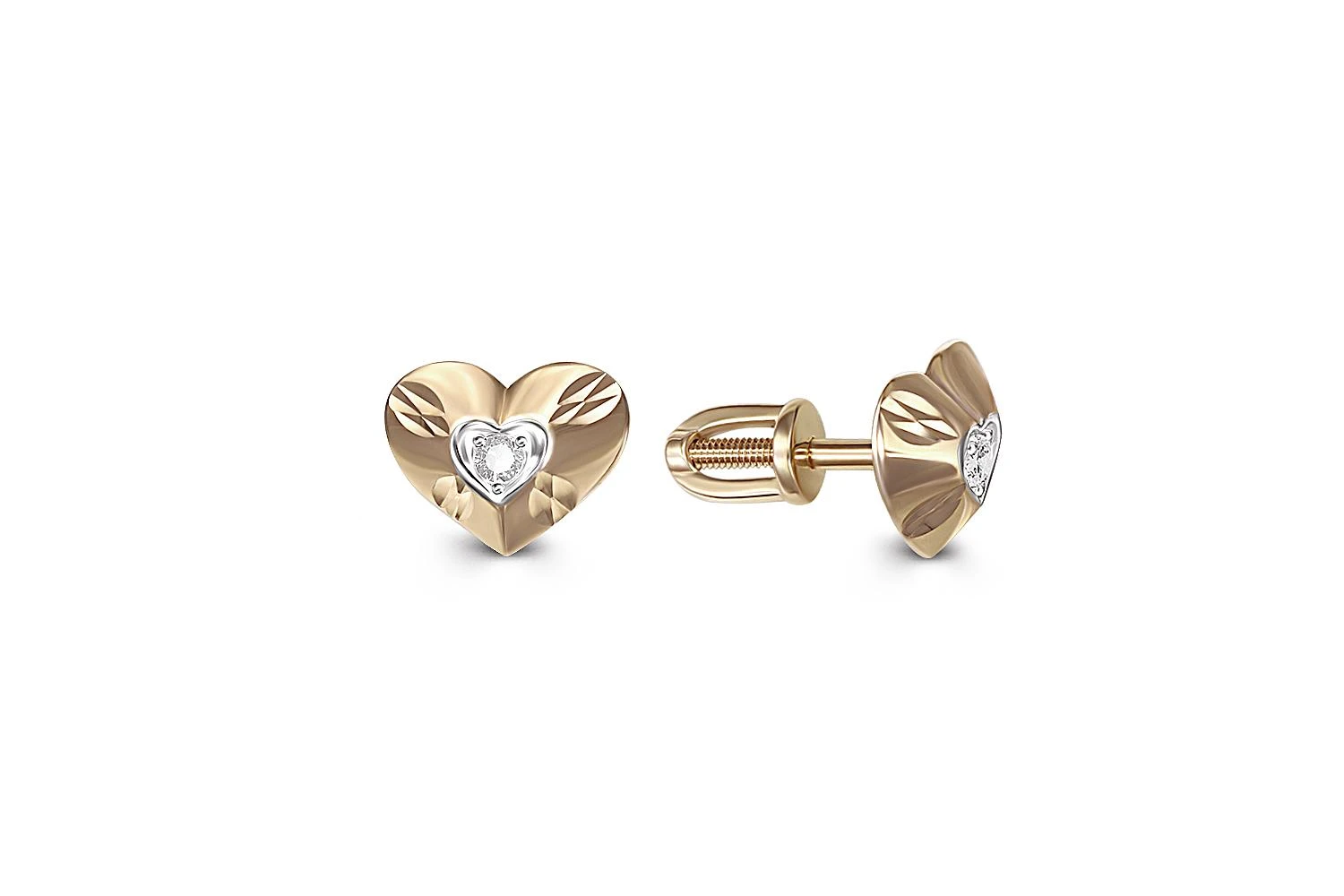 Серьги-пусеты Сердца из жёлтого золота с 2 фианитами